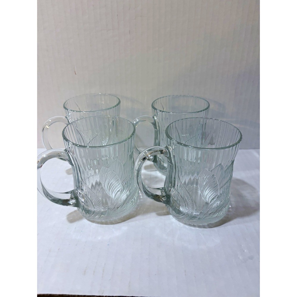 Set of 4 vintage Arcoroc France Canterbury Crocus Clear Glass Coffee Mugs